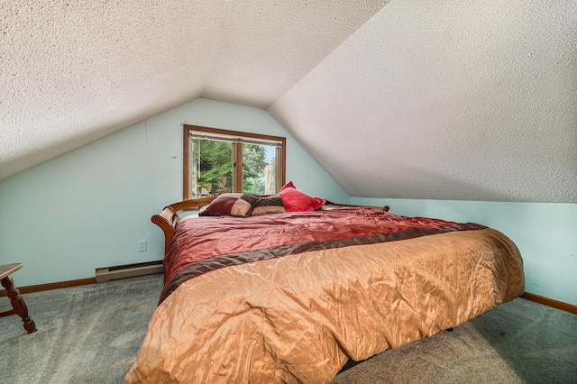 bedroom featuring a baseboard heating unit, carpet floors, lofted ceiling, and baseboards