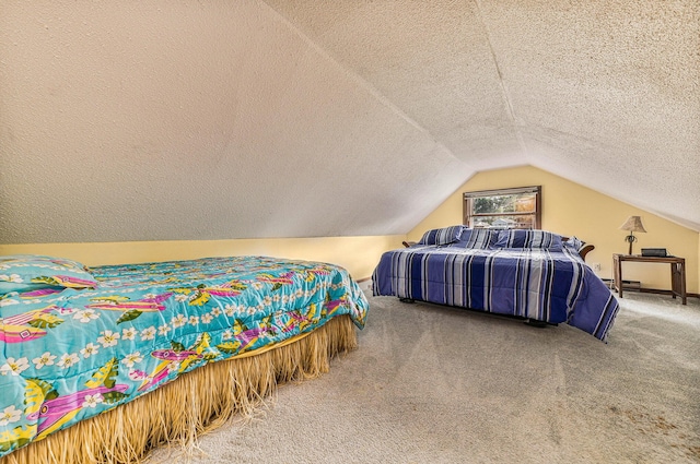 carpeted bedroom featuring lofted ceiling and a textured ceiling