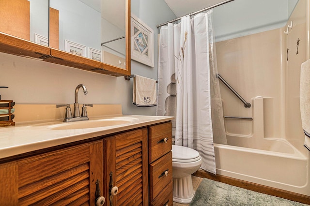 bathroom with shower / bath combination with curtain, vanity, toilet, and wood finished floors