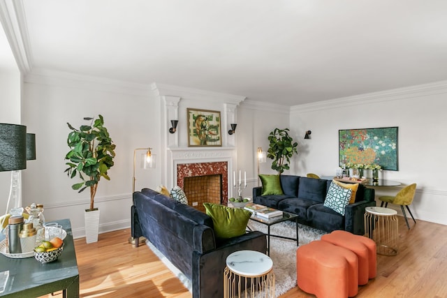 living area featuring ornamental molding, wood finished floors, and a high end fireplace