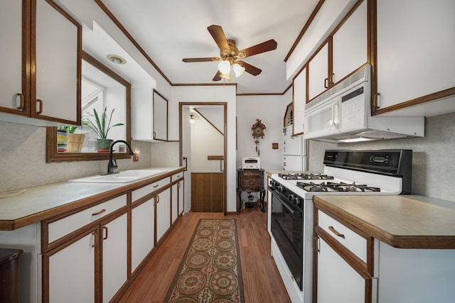 kitchen with wood finished floors, white appliances, a sink, and white cabinets