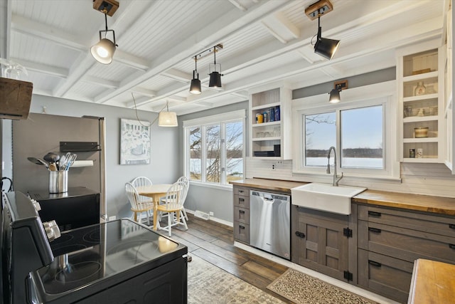 kitchen featuring black / electric stove, a sink, wood counters, and stainless steel dishwasher