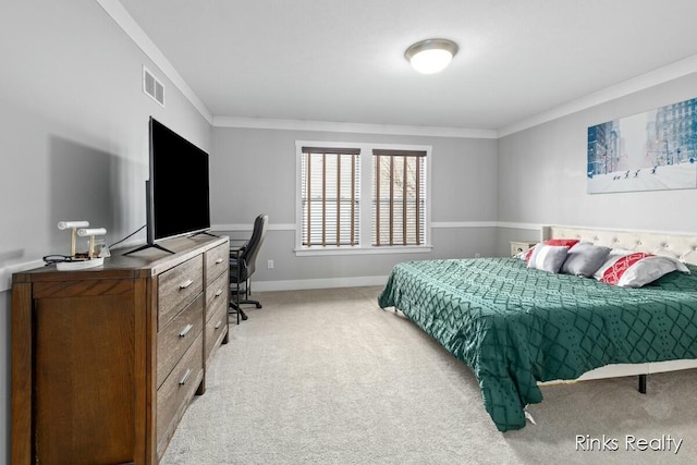 bedroom featuring light carpet, ornamental molding, visible vents, and baseboards