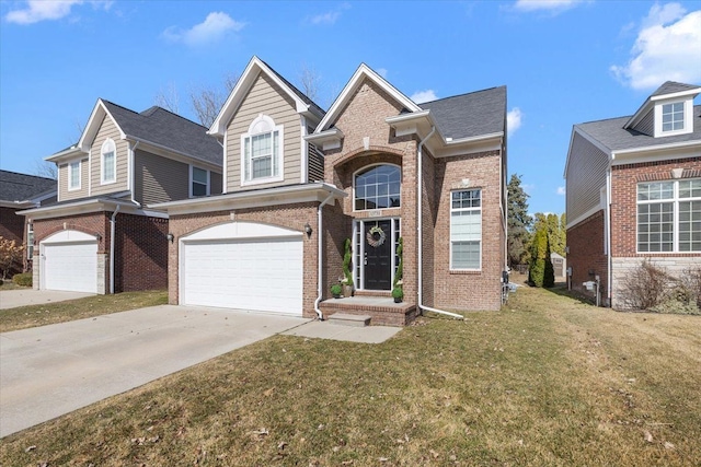 traditional-style house featuring concrete driveway, a garage, brick siding, and a front lawn