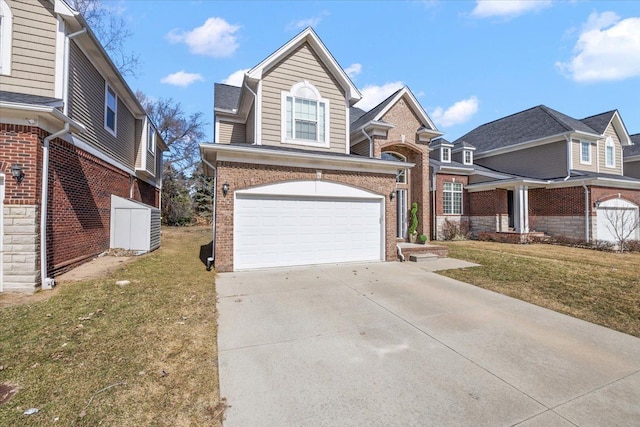 traditional-style house with a front lawn, brick siding, and driveway