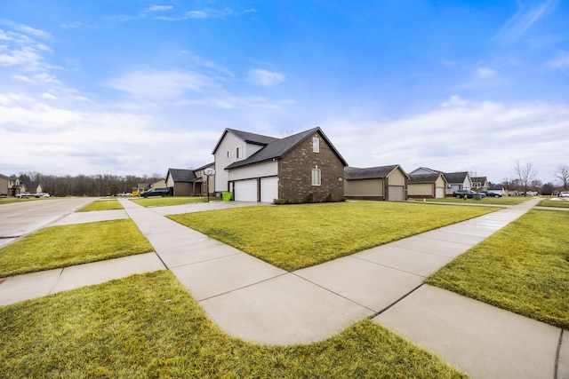 view of property exterior featuring a garage, a residential view, brick siding, and a yard