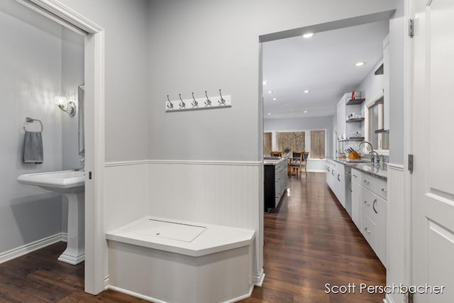 interior space featuring a wainscoted wall, a sink, dark wood-style floors, and recessed lighting