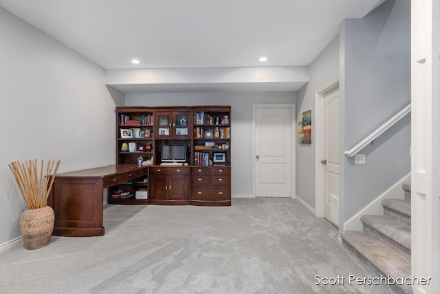 office space with recessed lighting, baseboards, and light colored carpet