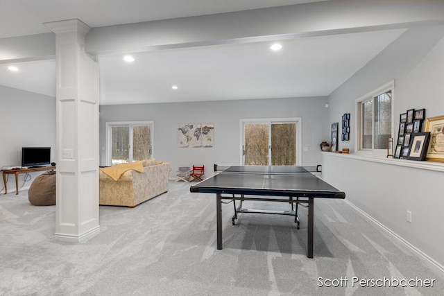 playroom with carpet floors, recessed lighting, decorative columns, and baseboards