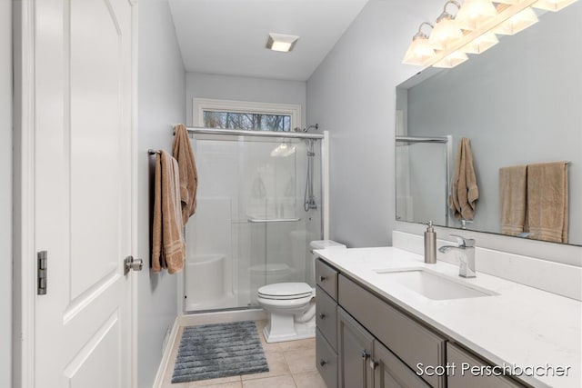 full bath with tile patterned floors, a shower stall, toilet, and vanity