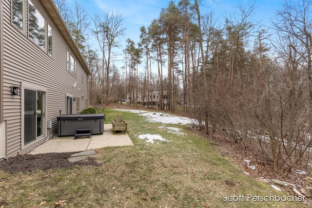 view of yard with a patio and a hot tub