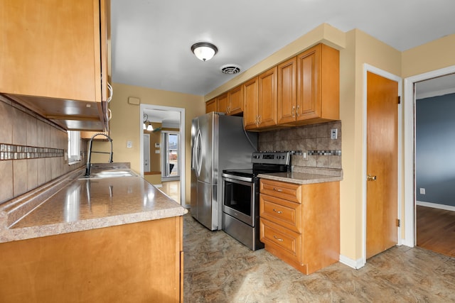 kitchen with tasteful backsplash, visible vents, appliances with stainless steel finishes, brown cabinets, and a sink