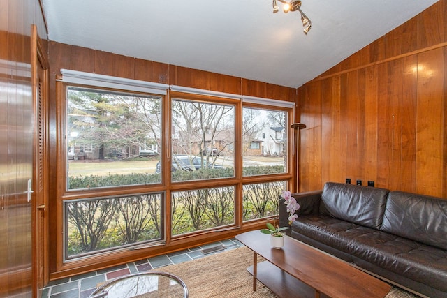 living area featuring vaulted ceiling and wooden walls