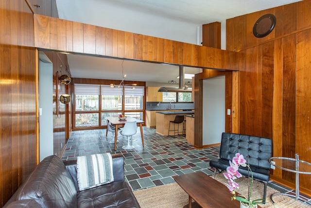 living area featuring wooden walls and a wealth of natural light