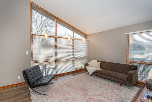 sitting room with lofted ceiling, baseboards, and wood finished floors