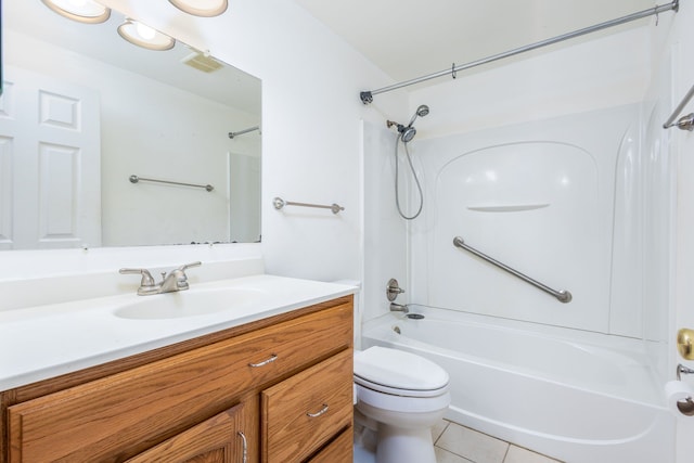 bathroom with tile patterned flooring, toilet, vanity, and shower / bathtub combination