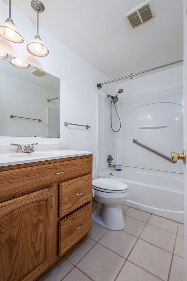 full bath featuring visible vents, toilet, shower / tub combination, tile patterned floors, and vanity