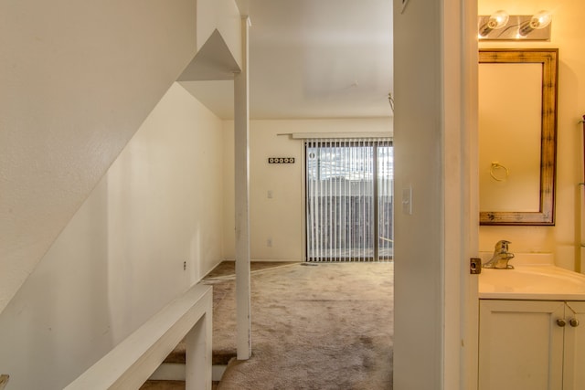 interior space featuring carpet flooring and a sink