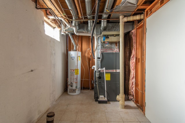 utility room with gas water heater and heating unit