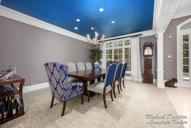 6862 Maplecrest Dr SE, Grand Rapids, MI 49546 - dining room featuring a notable chandelier, decorative columns, recessed lighting, ornamental molding, and baseboards