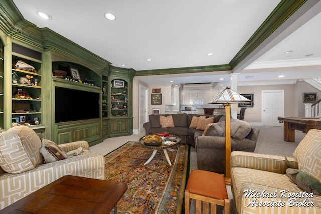 6862 Maplecrest Dr SE, Grand Rapids, MI 49546 - living area featuring light carpet, decorative columns, baseboards, ornamental molding, and recessed lighting