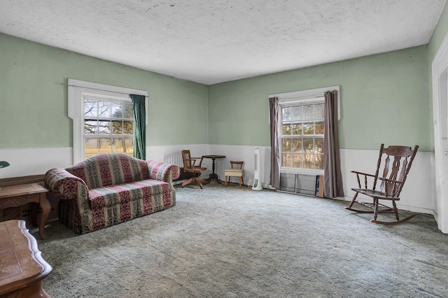 sitting room featuring a healthy amount of sunlight, a wainscoted wall, carpet, and a textured ceiling