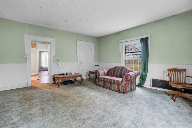 living room with carpet floors, a healthy amount of sunlight, and a textured ceiling