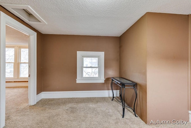 carpeted spare room with a healthy amount of sunlight, baseboards, and a textured ceiling