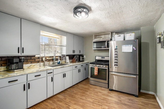 kitchen with a textured ceiling, stainless steel appliances, light wood finished floors, and a sink