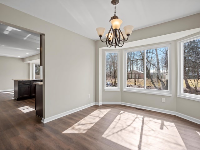 unfurnished dining area featuring visible vents, dark wood finished floors, and baseboards