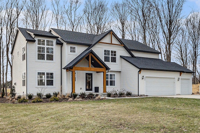 view of front facade with a garage, driveway, a front lawn, and board and batten siding