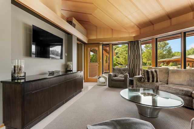 living room with vaulted ceiling, wooden ceiling, and light colored carpet