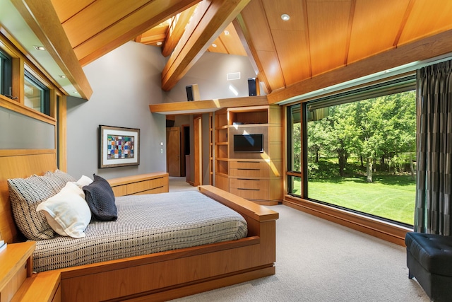 bedroom featuring high vaulted ceiling, beam ceiling, light colored carpet, and visible vents