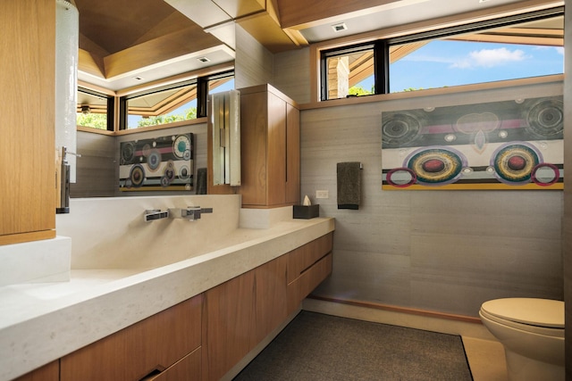 bathroom featuring visible vents, vanity, and toilet