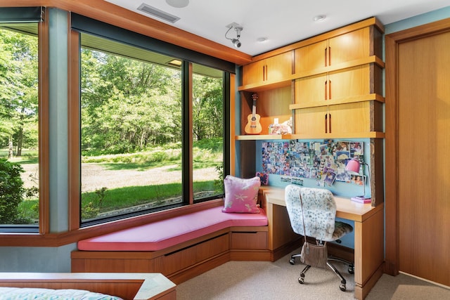 office space with light carpet, visible vents, and built in desk