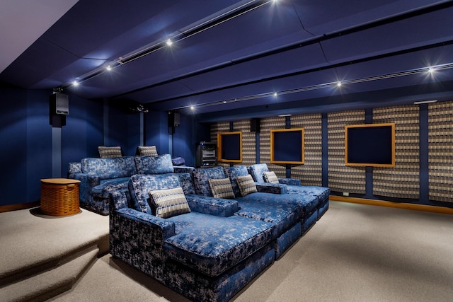 home theater featuring carpet