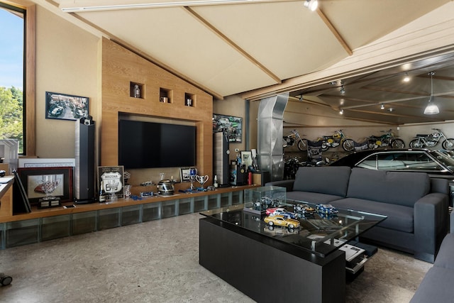 living room featuring lofted ceiling