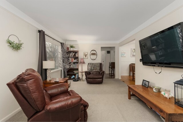 living room with baseboards and carpet