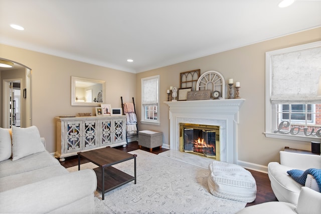 living room featuring a high end fireplace, arched walkways, a wealth of natural light, and wood finished floors