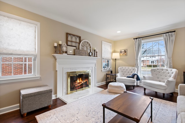 living area with dark wood-type flooring, a fireplace, recessed lighting, and baseboards