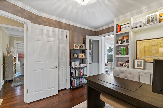 office area with dark wood-style floors and ornamental molding