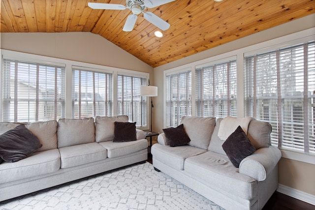 living area with lofted ceiling, wood ceiling, and a wealth of natural light