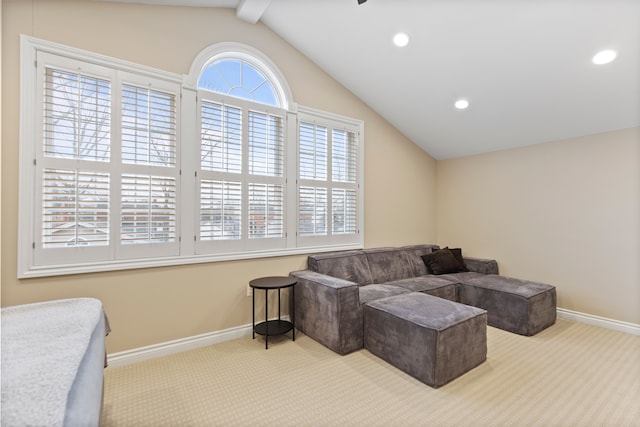 carpeted living room with lofted ceiling with beams, baseboards, and recessed lighting