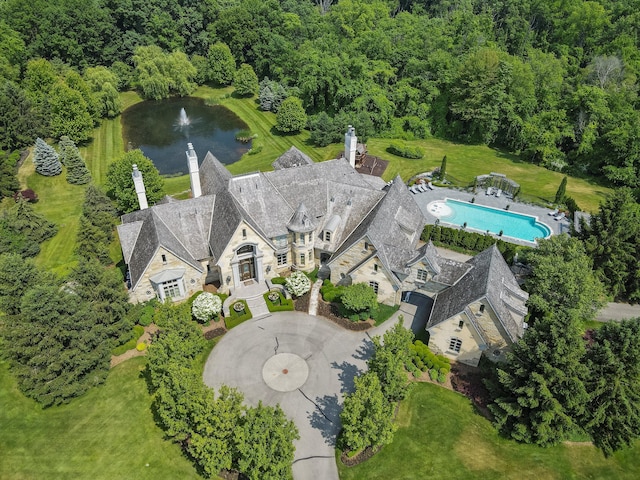 drone / aerial view featuring a water view