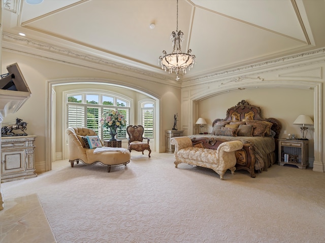 bedroom with crown molding, a raised ceiling, a chandelier, and light colored carpet