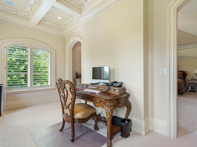 home office featuring baseboards, coffered ceiling, crown molding, carpet flooring, and beam ceiling