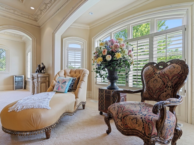 living area with ornamental molding, carpet, plenty of natural light, and arched walkways