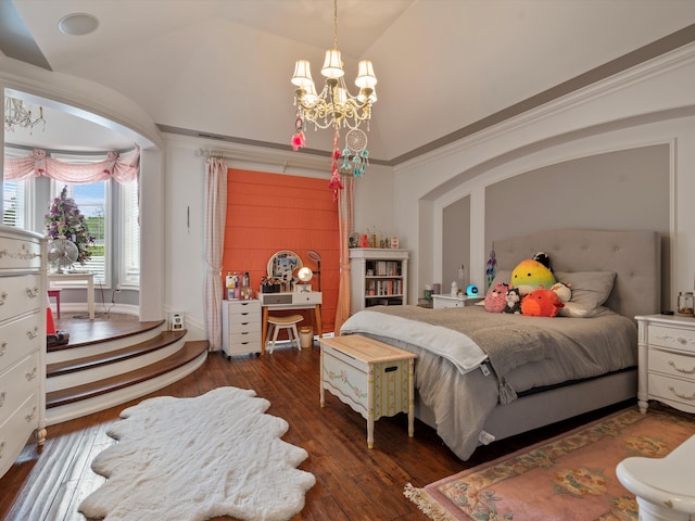 bedroom featuring an inviting chandelier, wood-type flooring, vaulted ceiling, and crown molding