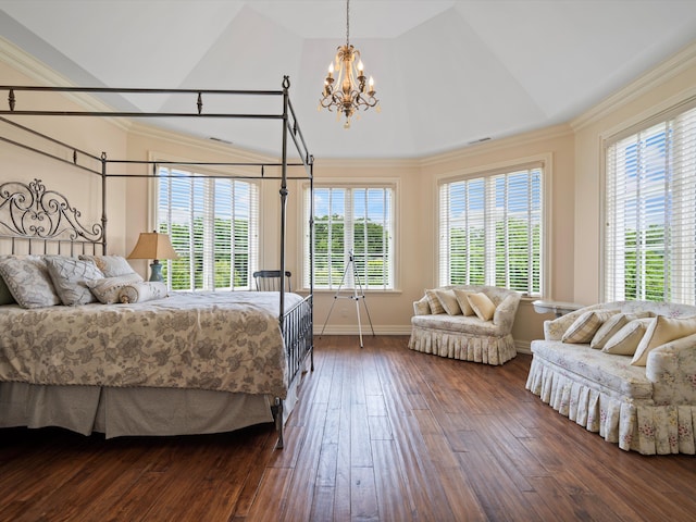 bedroom with baseboards, vaulted ceiling, ornamental molding, dark wood-style floors, and an inviting chandelier