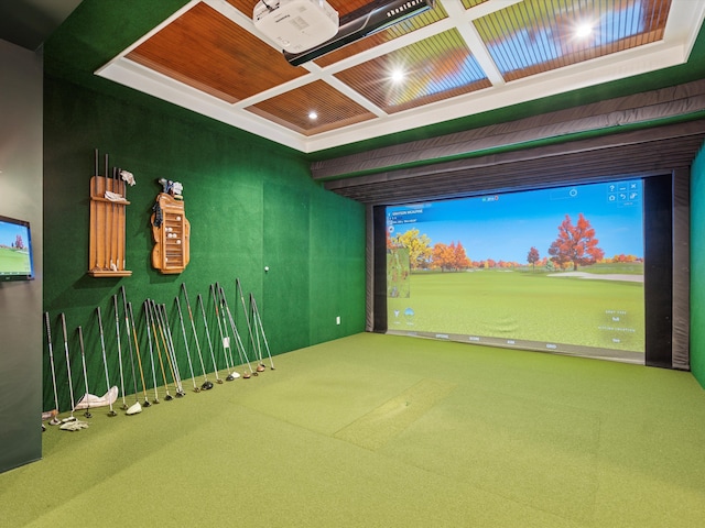 recreation room featuring golf simulator, coffered ceiling, and wood ceiling